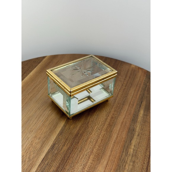 Other - Vintage Beveled Glass Trinket Box Starburst Jewelry Box Brass Trim Pointed Feet